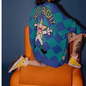 Blue and Green Checkered Cardigan with Graphic Design